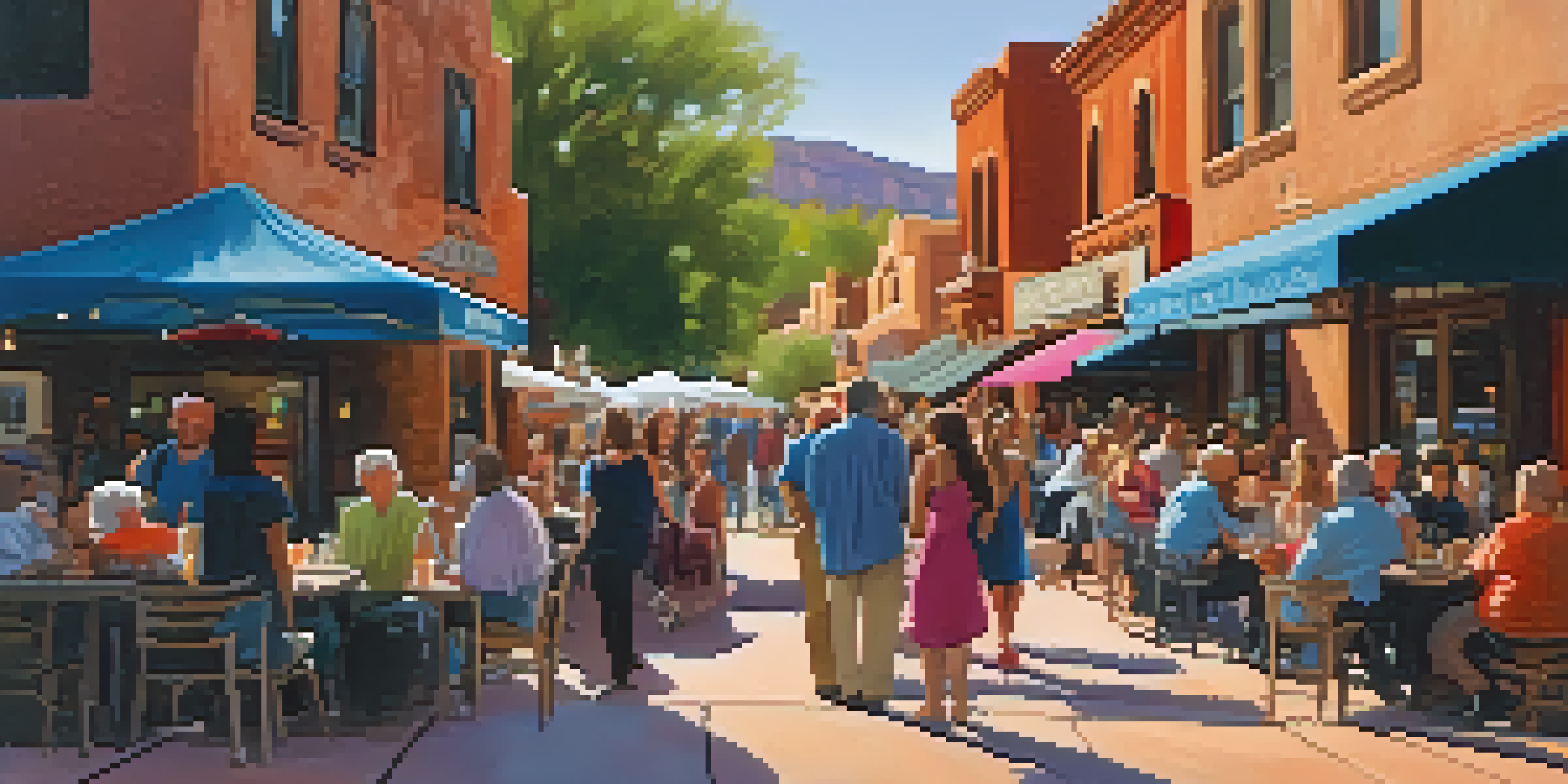 A lively outdoor art walk in Sedona with local artists and colorful art pieces displayed, warm lights, and a twilight sky.