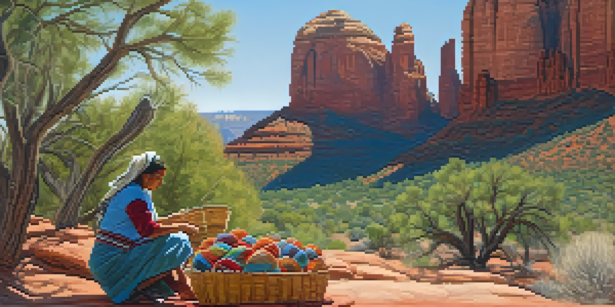 A Yavapai woman weaves a colorful basket in front of Sedona's red rock formations under a clear blue sky.