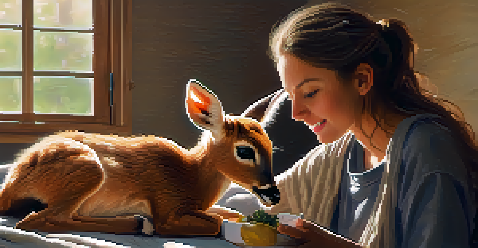 A volunteer feeding an orphaned baby deer in a warm, nurturing rehabilitation room filled with soft textures and natural light.