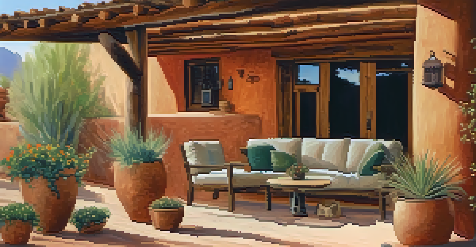 An interior courtyard of an adobe home with wooden beams, colorful plants, and a cozy seating area, illuminated by sunlight.
