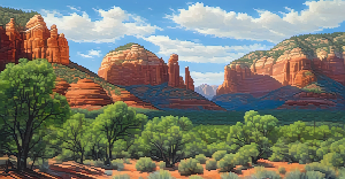 A wide-angle view of Sedona's red rock formations with green vegetation in the foreground and a hint of smoke from a controlled burn in the background.