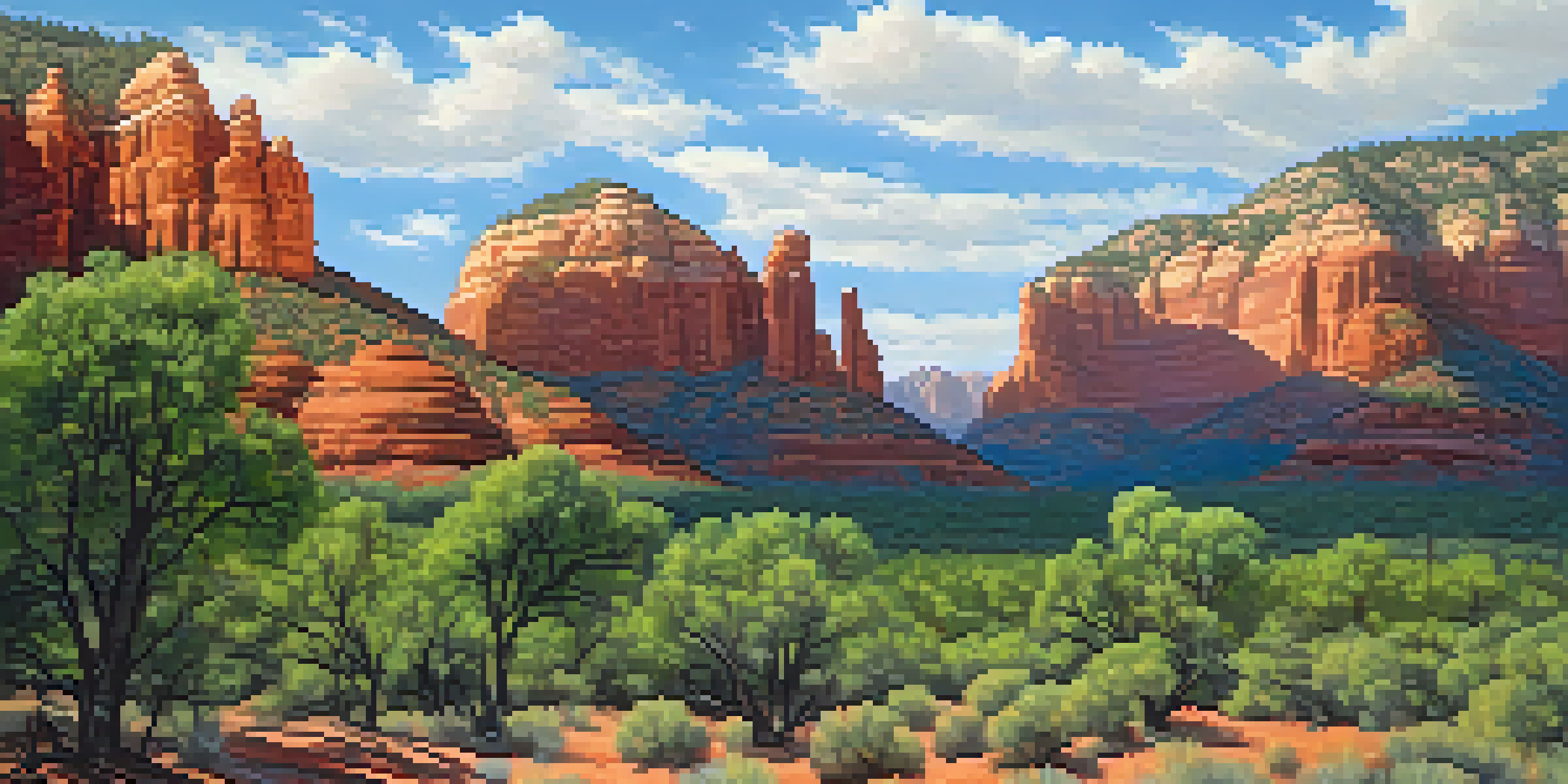 A wide-angle view of Sedona's red rock formations with green vegetation in the foreground and a hint of smoke from a controlled burn in the background.