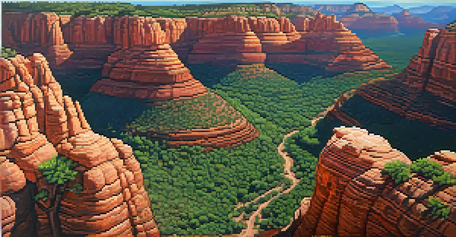 Aerial view of Sedona's layered geological formations with red rocks and green vegetation under a blue sky.