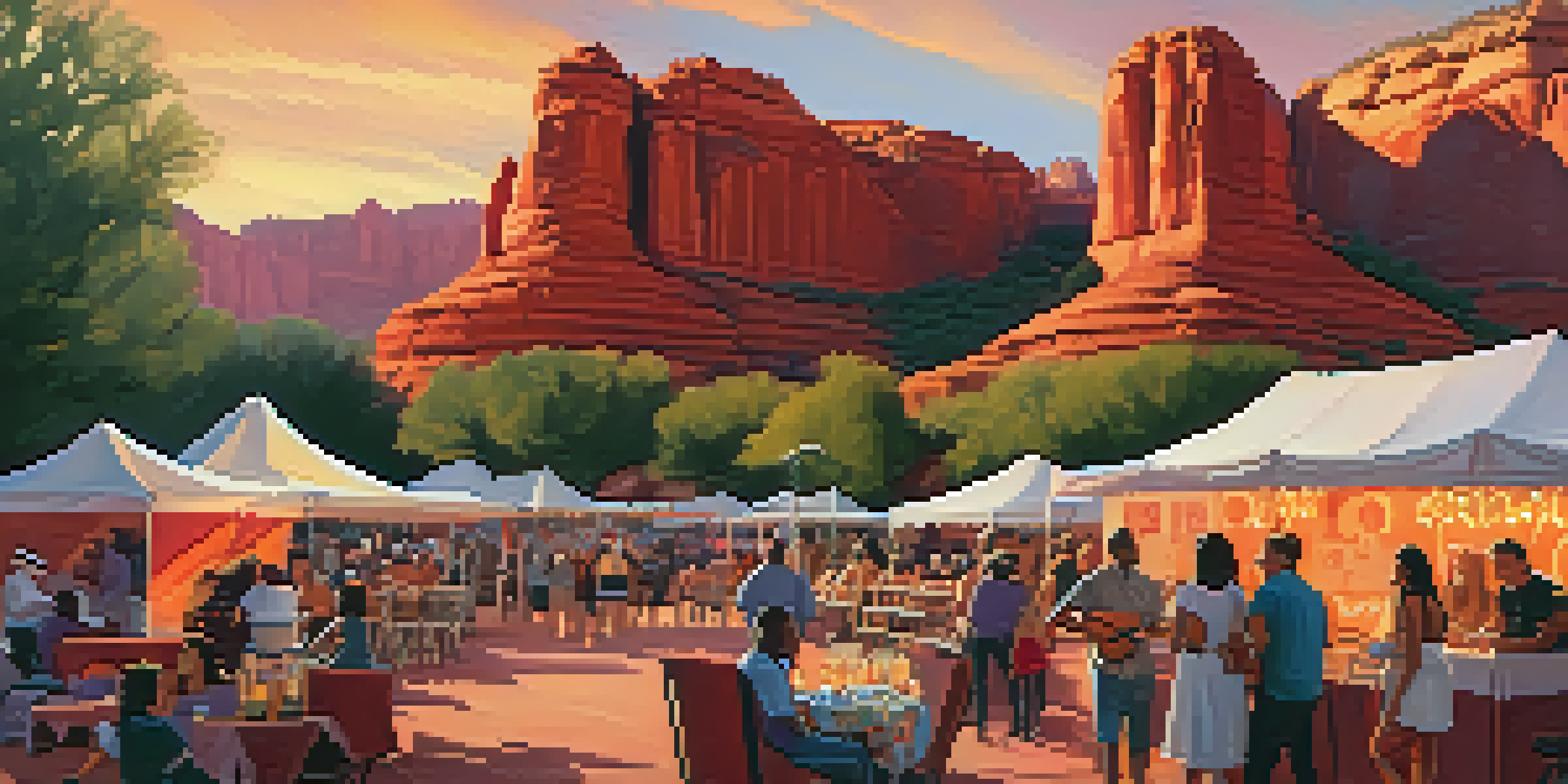 An outdoor music festival scene with musicians on stage, red rock formations in the background, attendees enjoying the music on picnic blankets, and food trucks nearby.