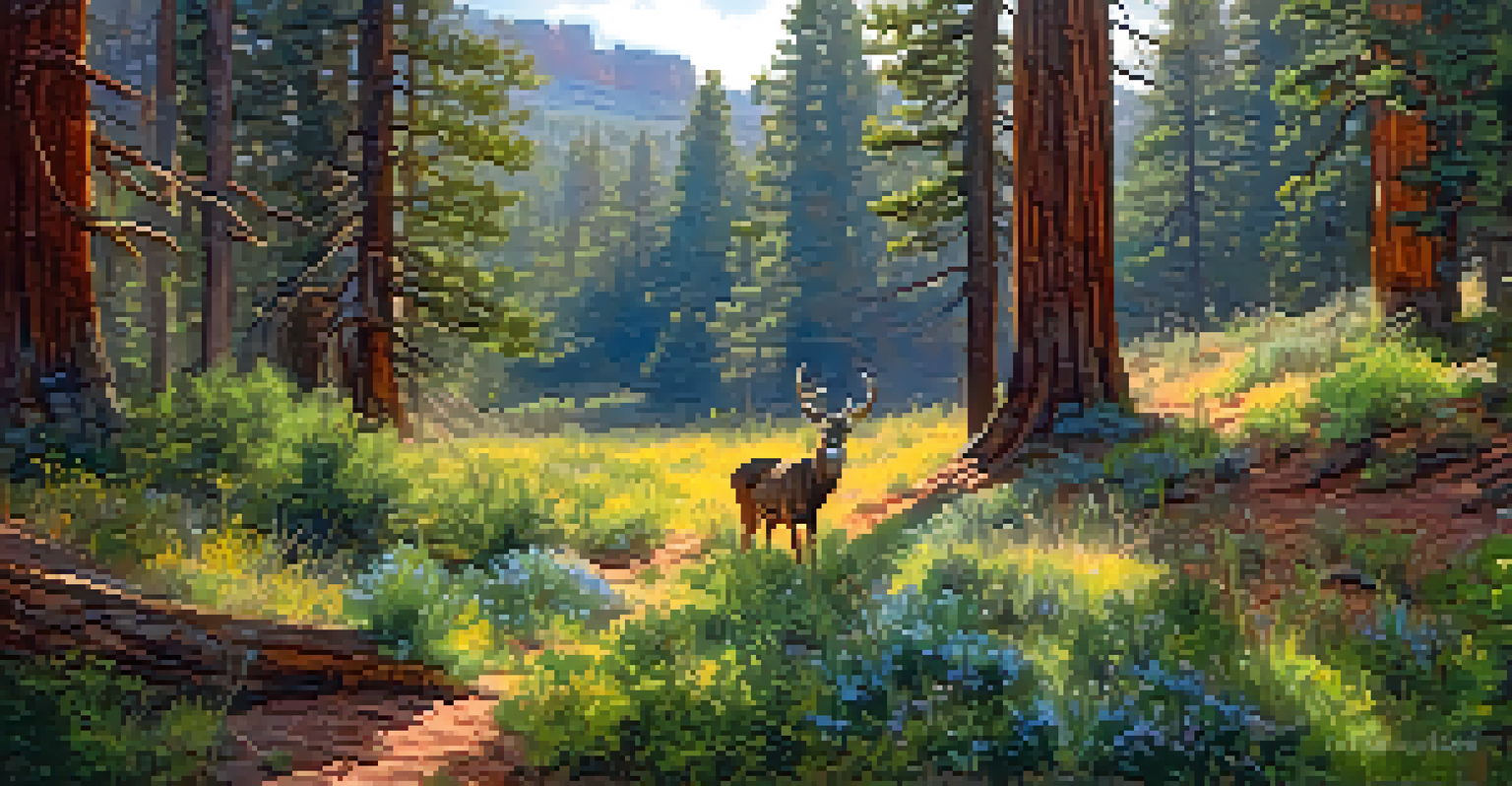 A tranquil forest in Sedona with tall ponderosa pine trees, wildflowers, and a deer grazing in the background.