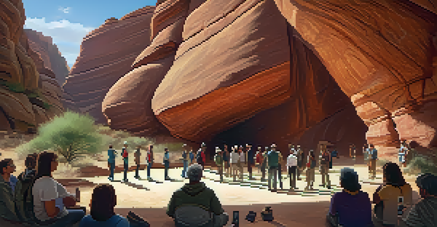 A guided tour at the Honanki Heritage Site with visitors learning about ancient rock art against red rock cliffs.