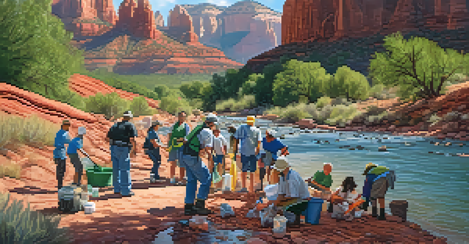 A group of volunteers cleaning a river in Sedona, with red rock cliffs and green trees in the background.
