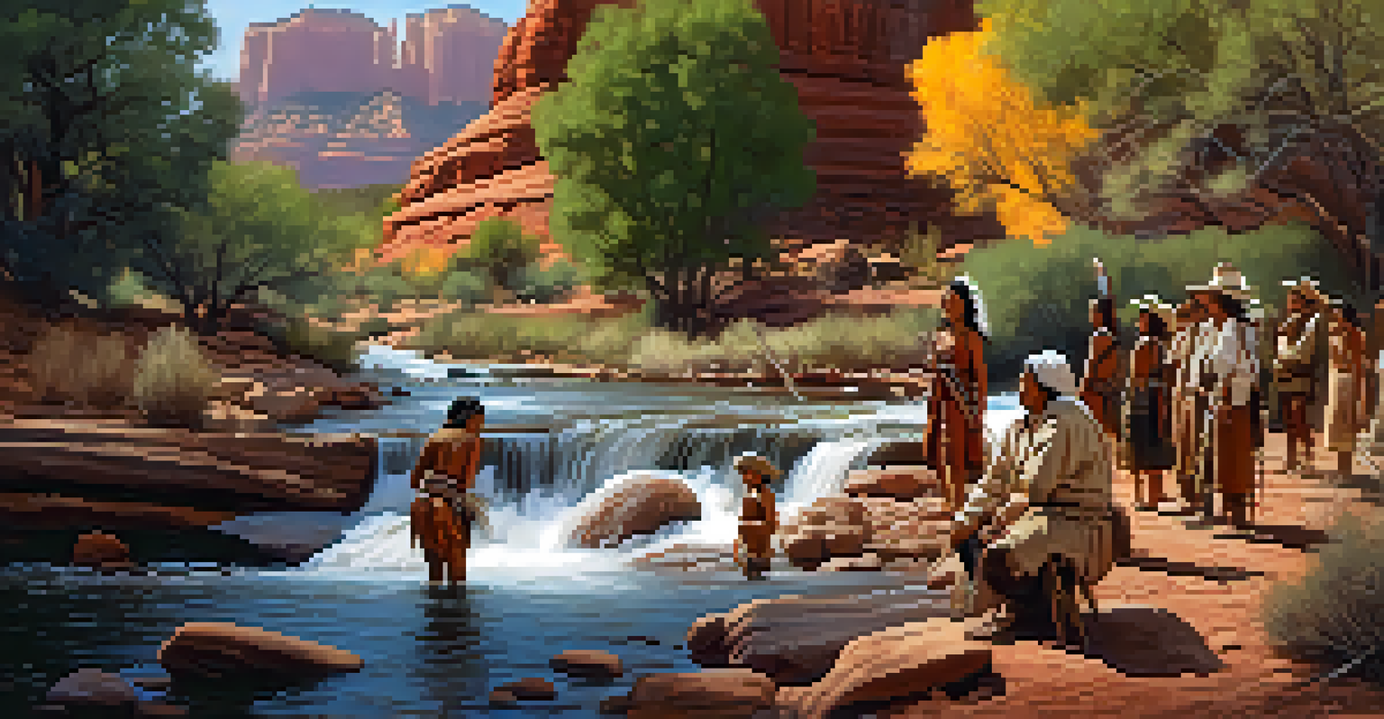 Early settlers and Native American tribes interacting near a flowing creek in Sedona, depicting a vibrant exchange of agricultural practices.
