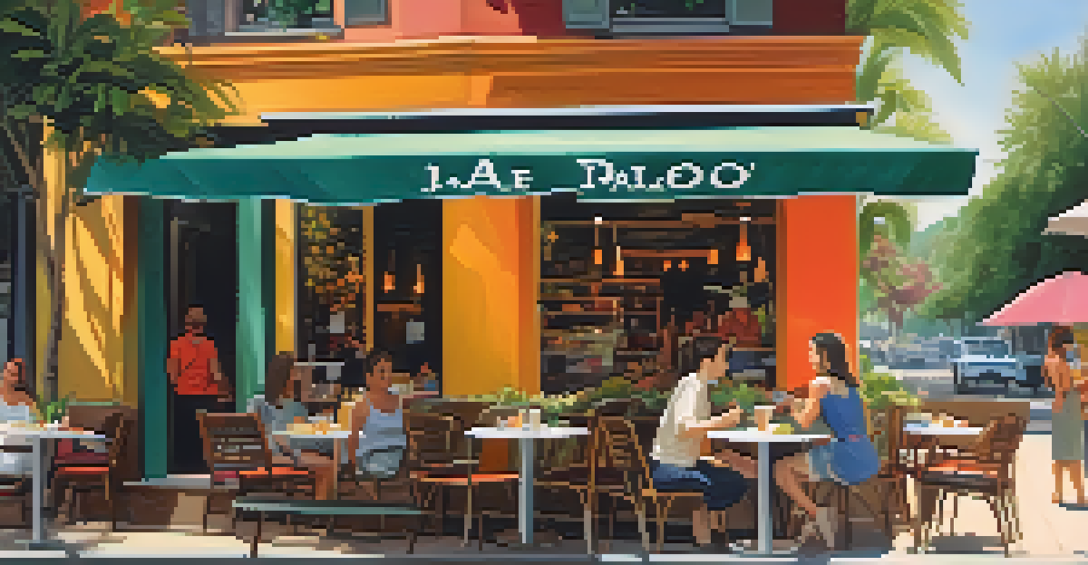 Outdoor seating area at Café Paleo with a variety of paleo desserts and customers enjoying the sunny day.