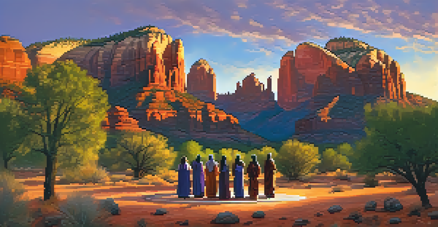 Indigenous individuals participate in a ceremony at Cathedral Rock during sunset, surrounded by vibrant colors in the sky.
