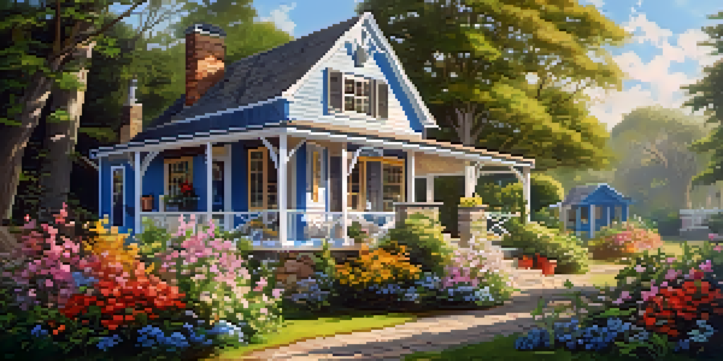A charming cottage surrounded by colorful flowers and greenery, illuminated by warm morning light.