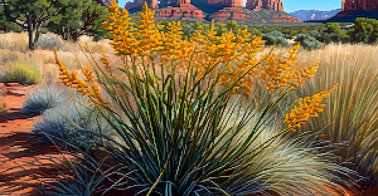 A close-up view of a native plant next to invasive cheatgrass in Sedona, highlighting the contrast in textures and colors.