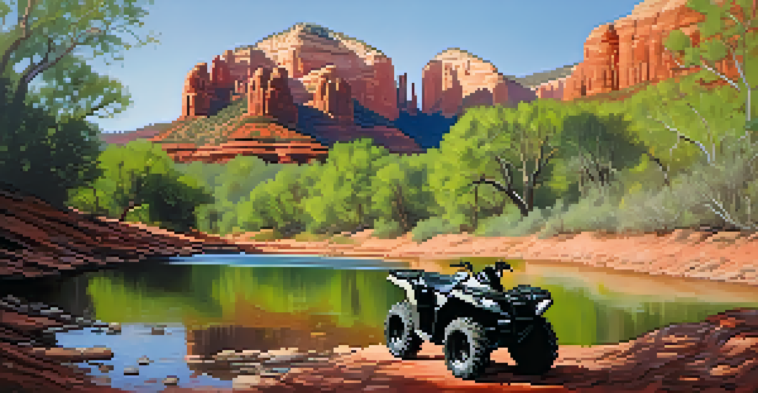 A close-up of an ATV next to Oak Creek with red rocks and greenery in the background.