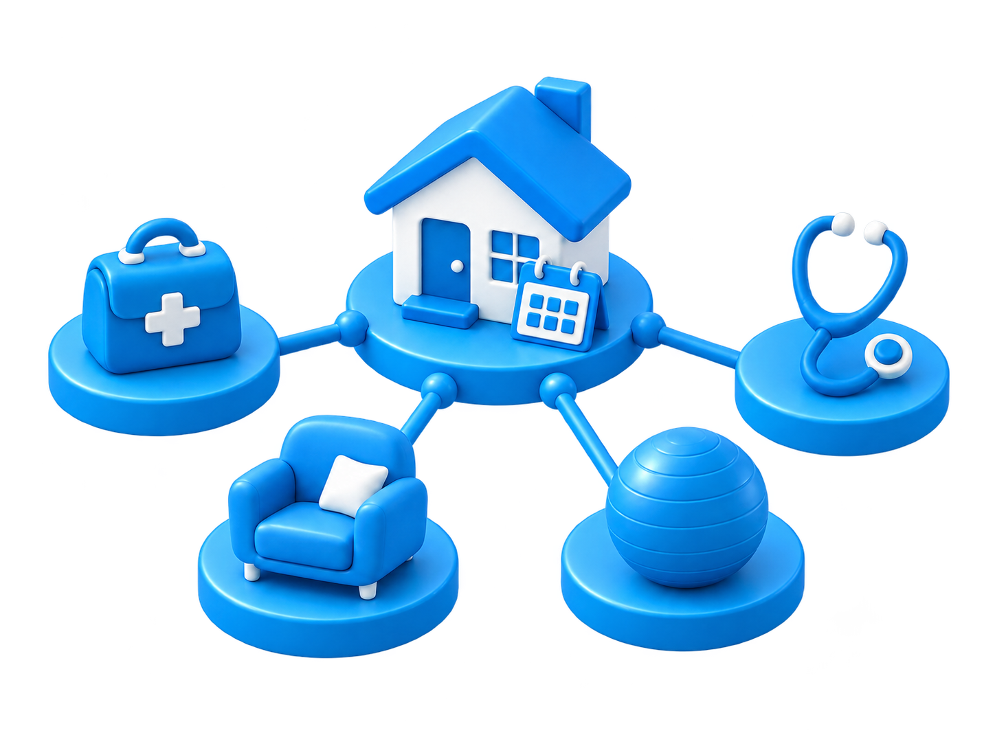 Illustration of a home connected to coordinated healthcare and a care calendar.
