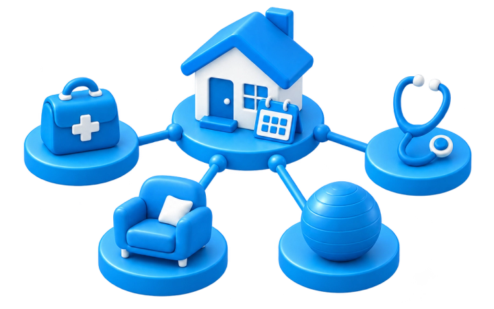 Illustration of a home connected to coordinated healthcare and a care calendar.