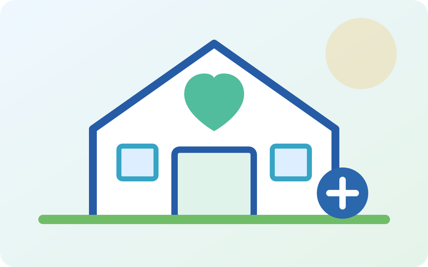 Illustration of a welcoming senior residence with care and healthcare symbols.