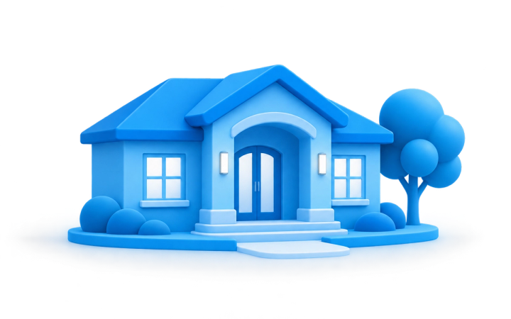 Illustration of a welcoming senior residence with care and healthcare symbols.