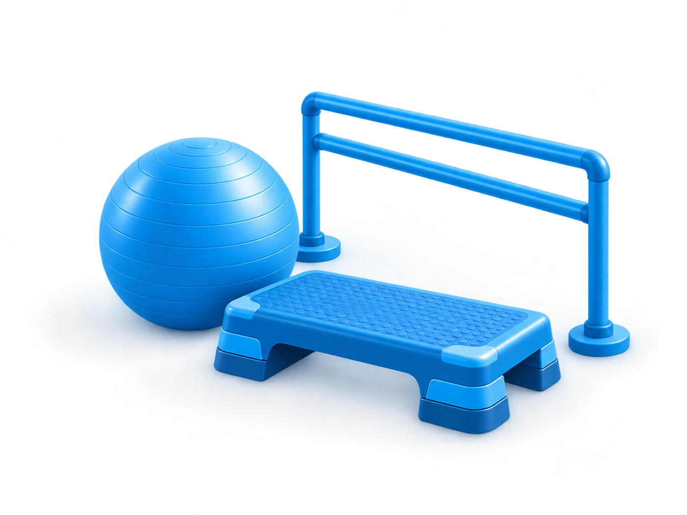 Illustration of home physiotherapy and rehabilitation equipment in a home setting.