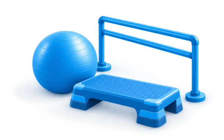 Illustration of home physiotherapy and rehabilitation equipment in a home setting.