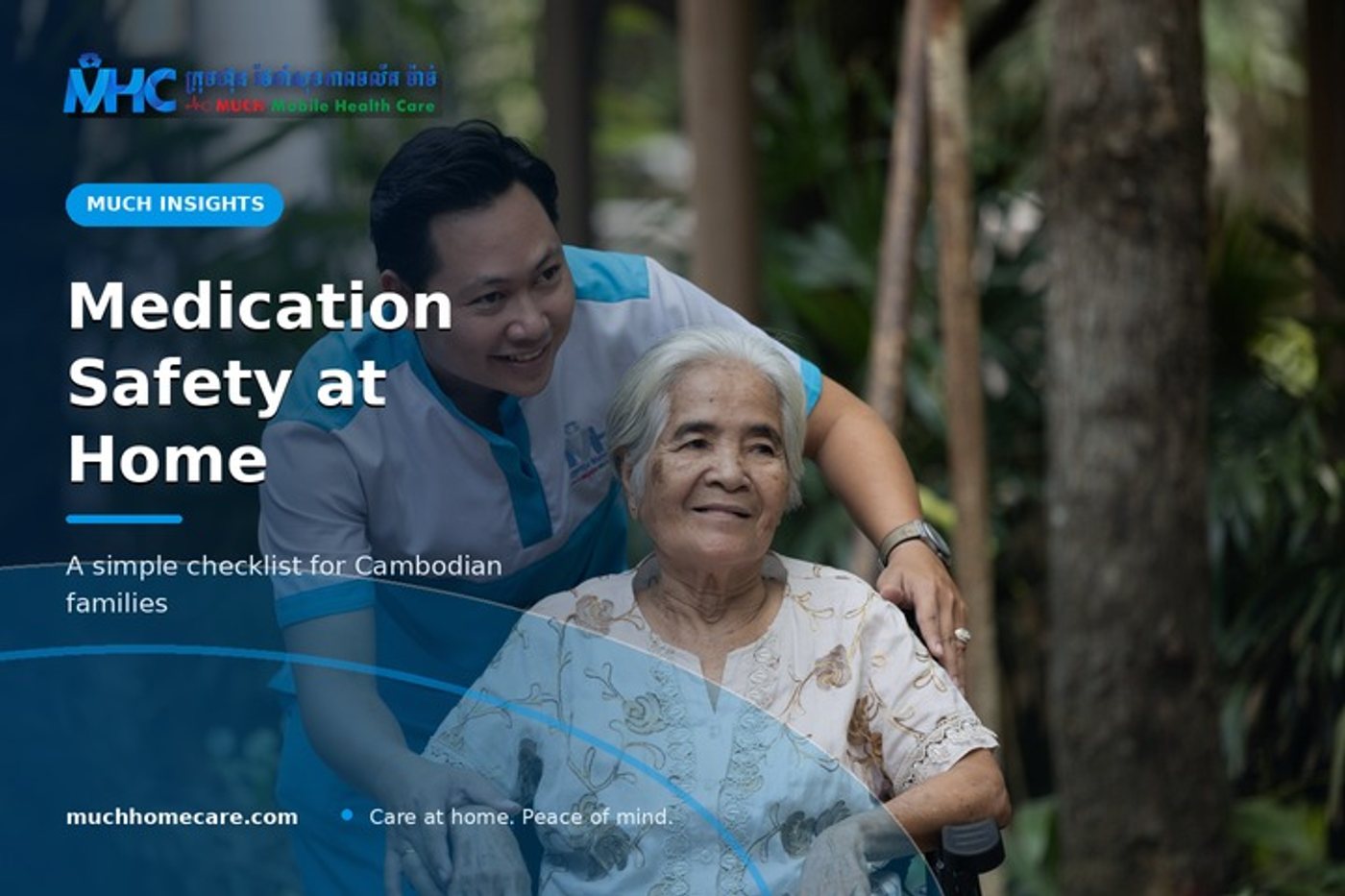MUCH caregiver supporting an older Cambodian woman outdoors beside the headline “Safer Medicines at Home”