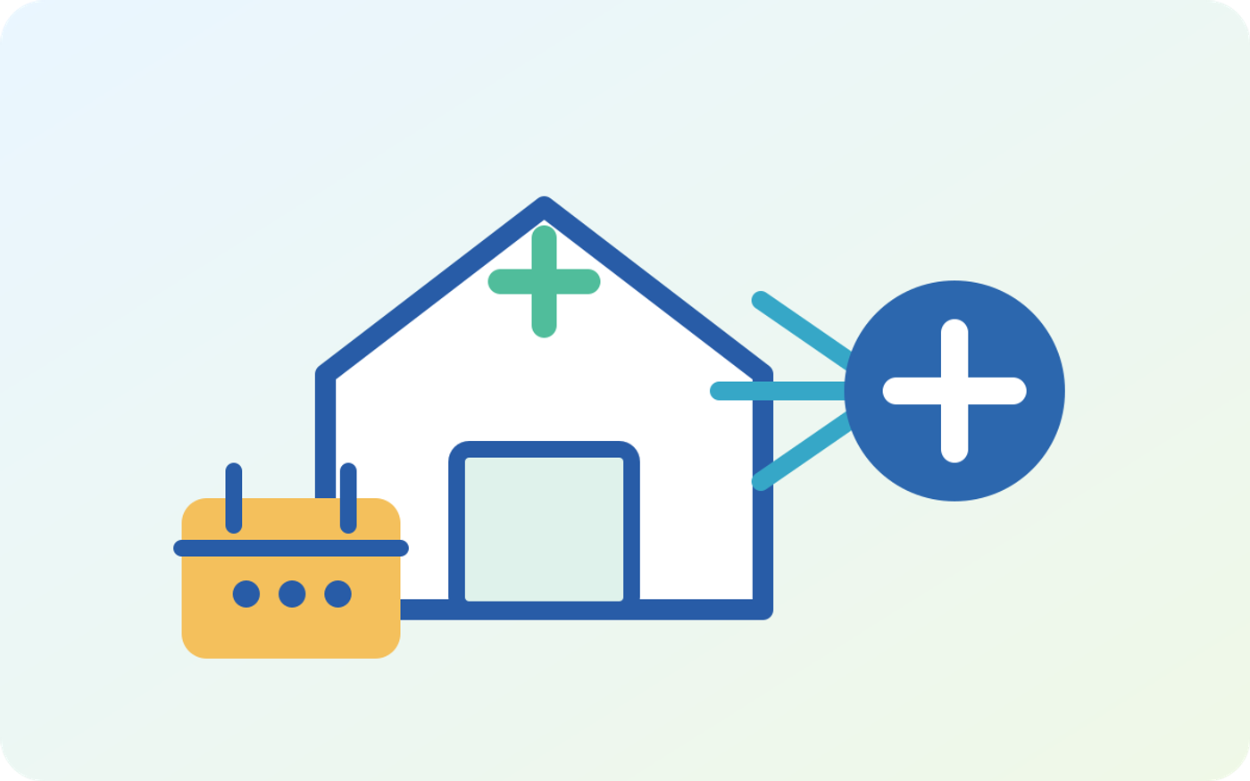 Illustration of a home connected to coordinated healthcare and a care calendar.