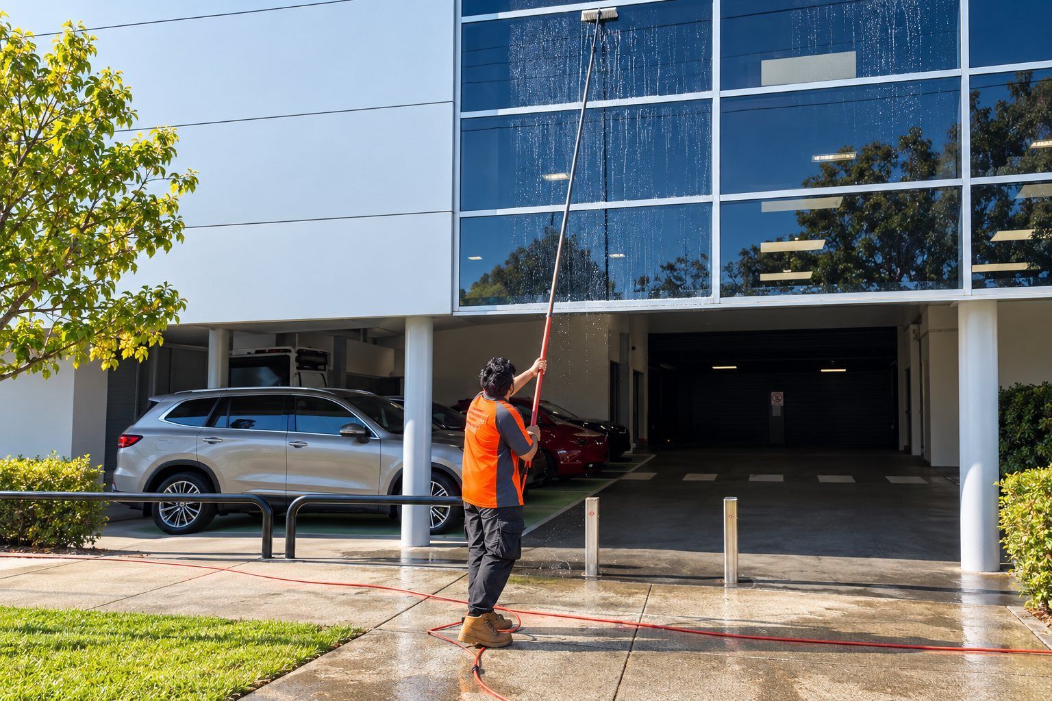 Keen Cleaning technician using a water-fed pole on commercial office windows