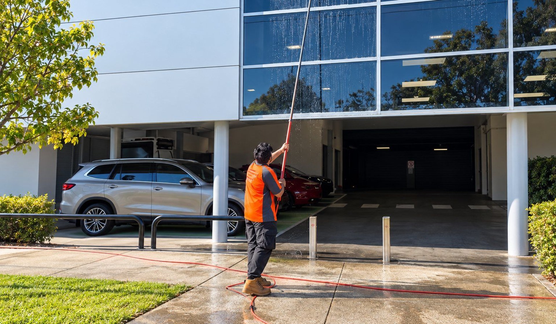 Keen Cleaning technician using a water-fed pole on commercial office windows