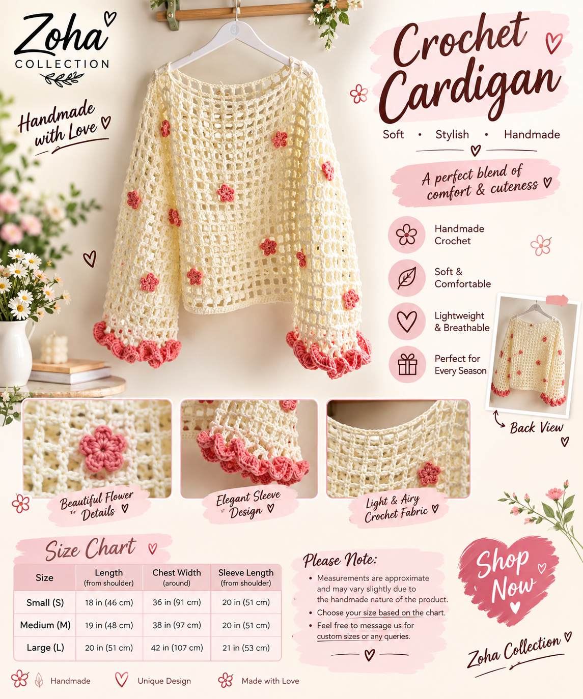 Handmade Ivory Crochet Floral Cardigan for Girls – Pink Flower Details, Scalloped Cuffs & Lightweight Open-Front Sweater