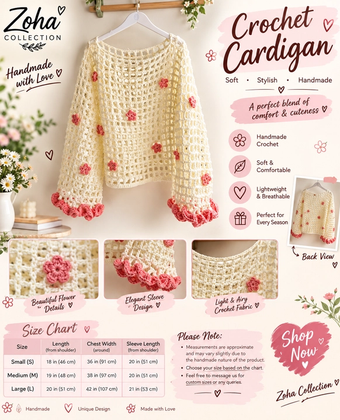 Handmade Ivory Crochet Floral Cardigan for Girls – Pink Flower Details, Scalloped Cuffs & Lightweight Open-Front Sweater