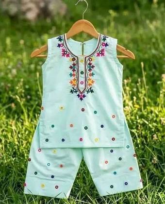 Girls Lawn Dress with Handmade Thread Embroidery & Mirror Work Daman – Kids Traditional Embroidered Eid & Party Wear