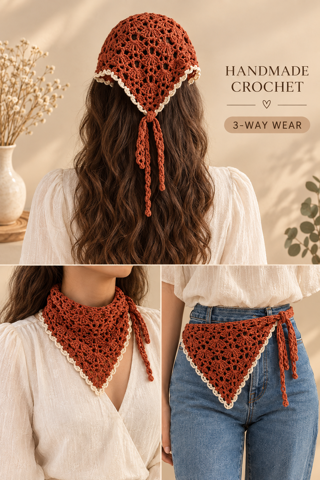 Handmade Crochet Bandana – Rust Brown 3-Way Boho Head Scarf, Neck Scarf & Waist Accessory
