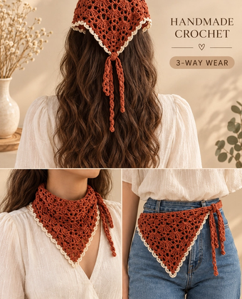 Handmade Crochet Bandana – Rust Brown 3-Way Boho Head Scarf, Neck Scarf & Waist Accessory