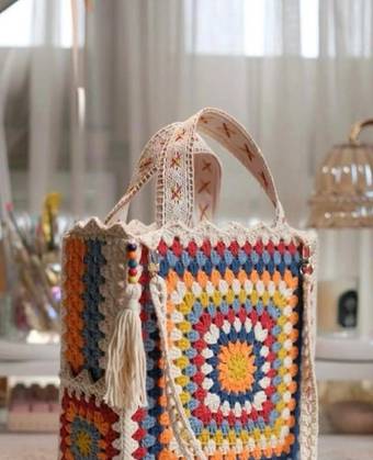 Handmade Crochet Granny Square Tote Bag – Colorful Boho Crochet Shoulder Bag, Large Handmade Shopping Bag