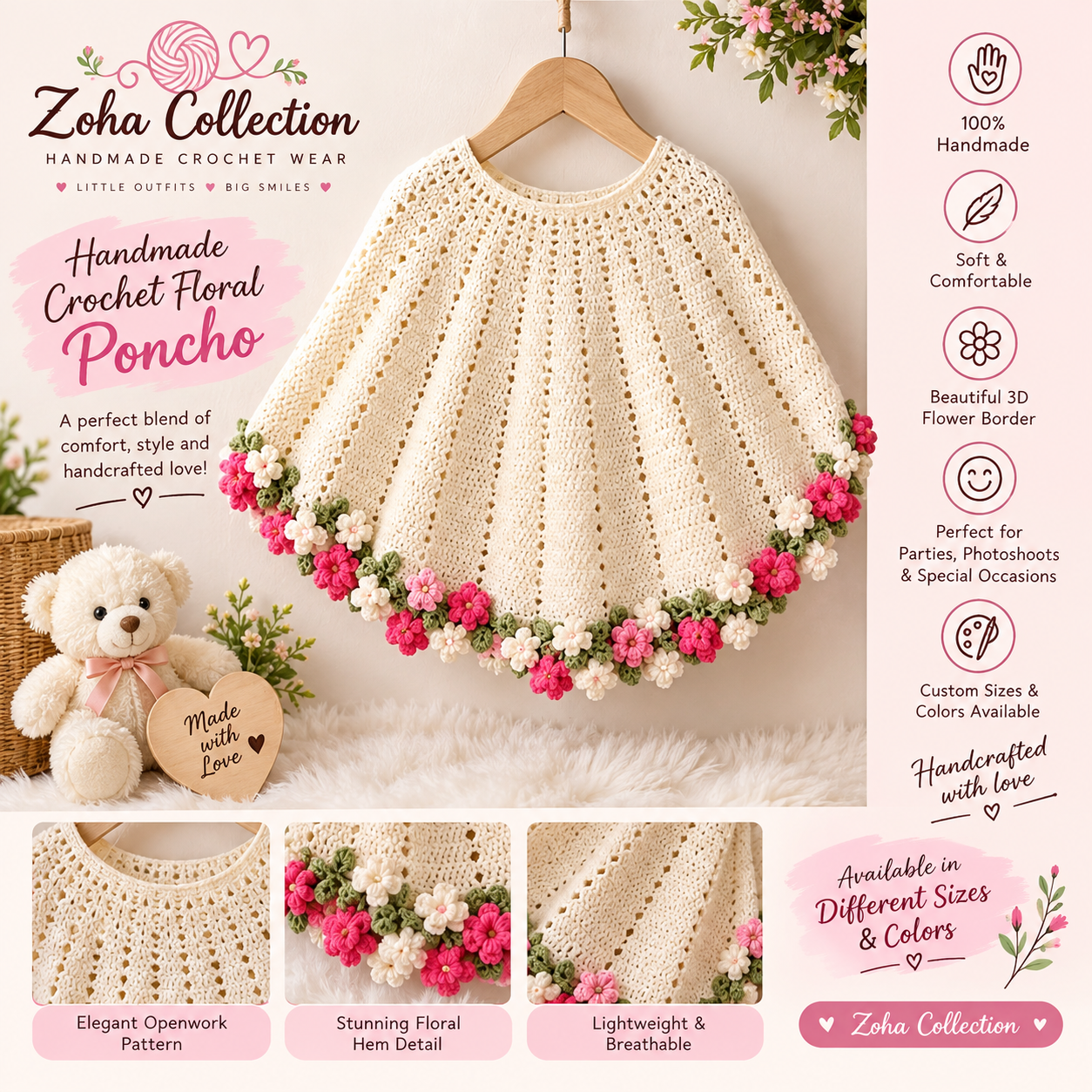 Handmade Crochet Floral Poncho for Girls – Openwork Crochet Cape with 3D Flower Border, Custom Colors & Sizes
