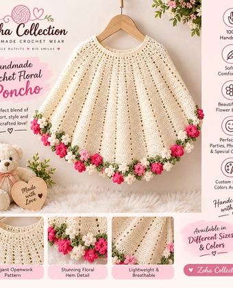 Handmade Crochet Floral Poncho for Girls – Openwork Crochet Cape with 3D Flower Border, Custom Colors & Sizes