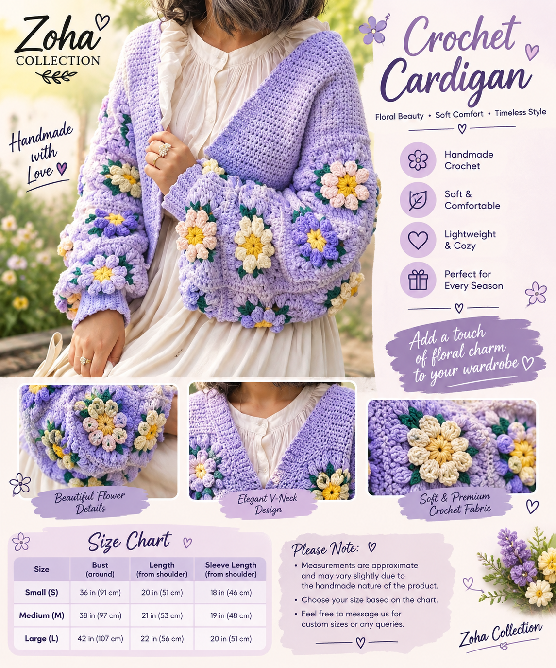 Handmade Lilac Crochet Flower Cardigan for Women – 3D Floral Crochet Sweater with Green Leaf Details