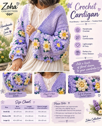 Handmade Lilac Crochet Flower Cardigan for Women – 3D Floral Crochet Sweater with Green Leaf Details