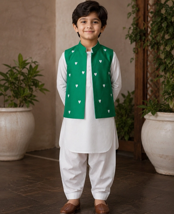 Boys 3 pcs green n and white dress