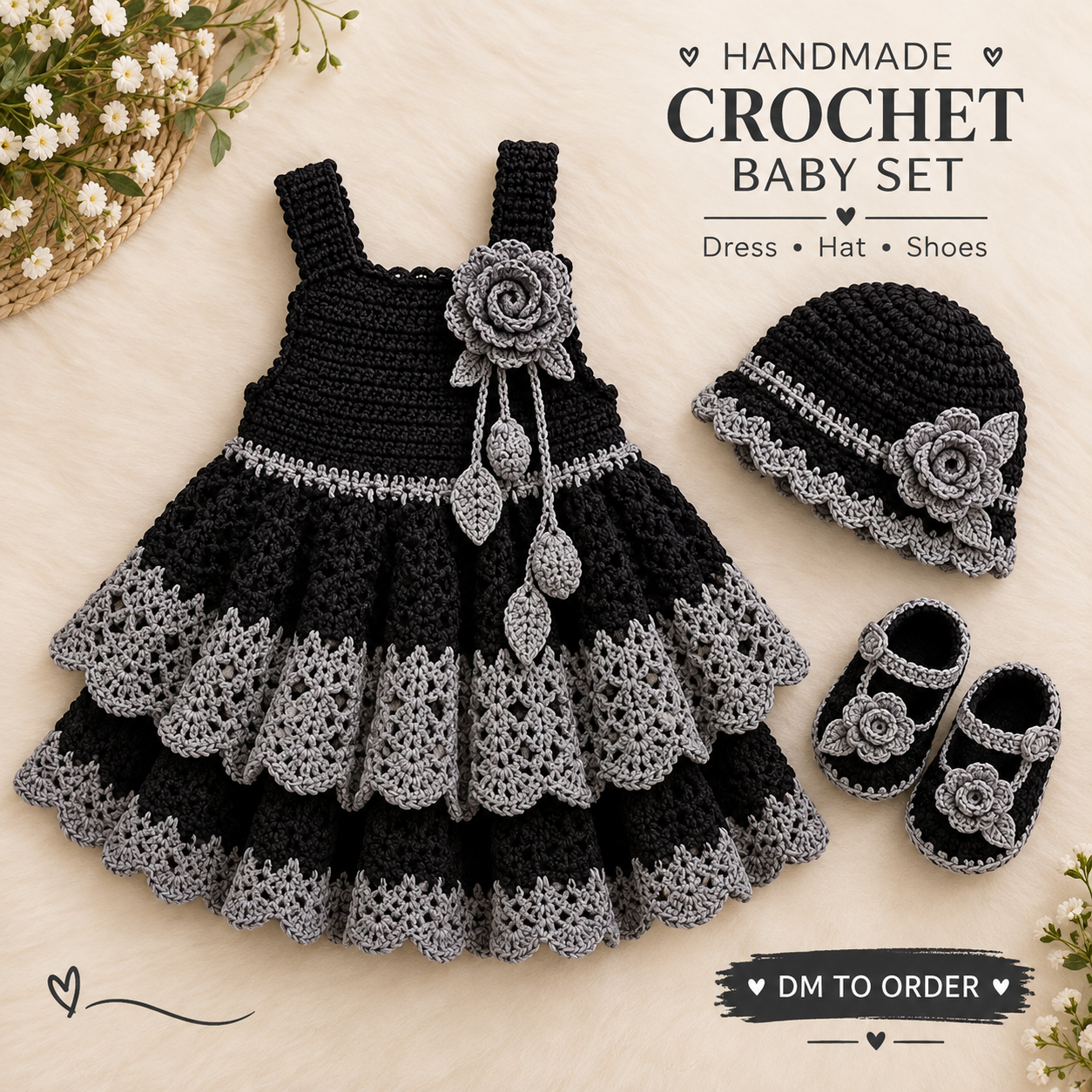 Handmade Black & Grey Crochet Baby Girl Outfit Set – Cute Handmade Crochet Baby Clothes for Girls