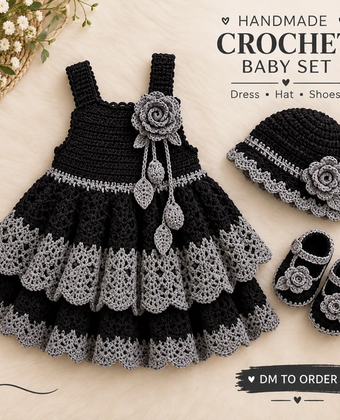 Handmade Black & Grey Crochet Baby Girl Outfit Set – Cute Handmade Crochet Baby Clothes for Girls