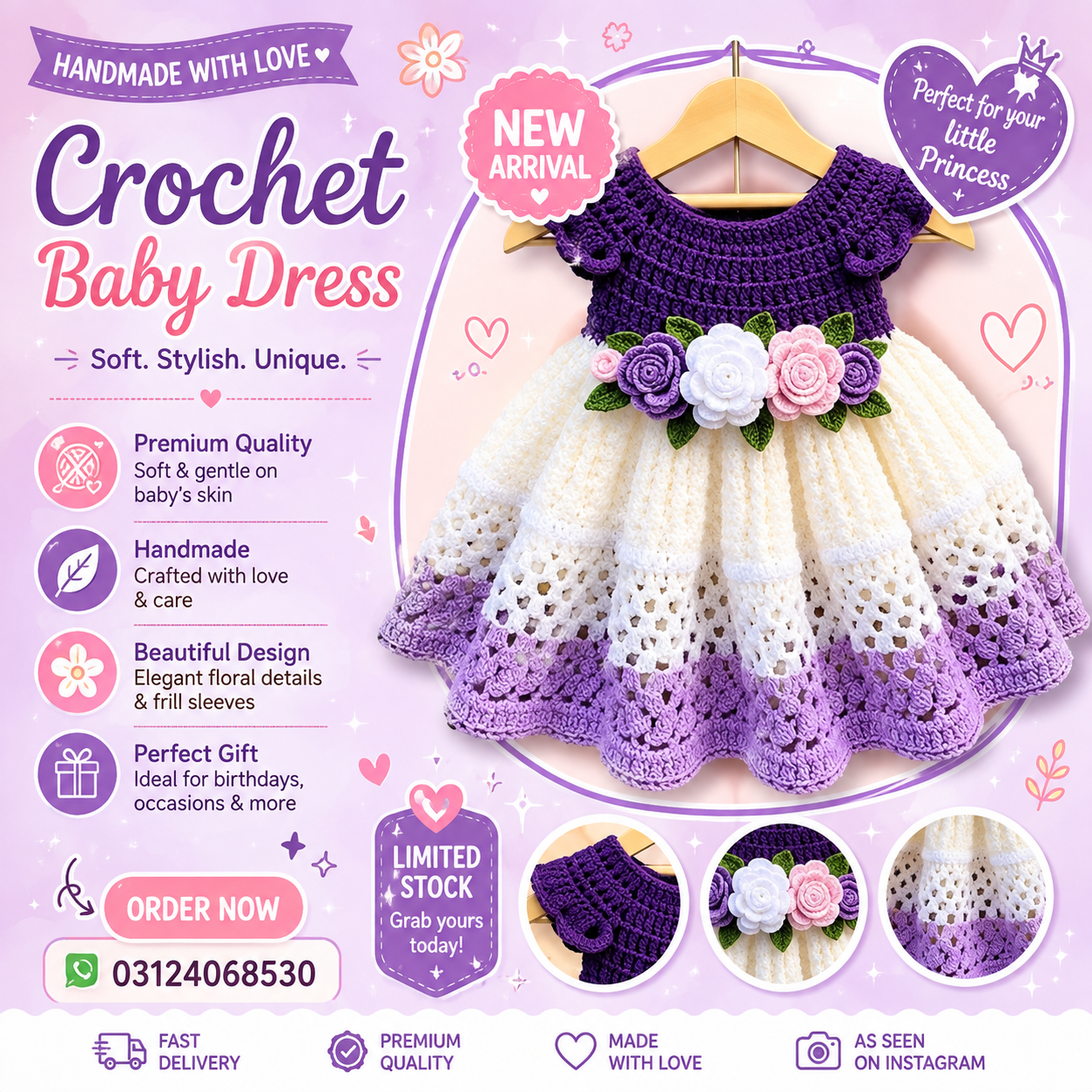 Handmade Crochet Baby Girl Dress Purple & White Floral Dress
