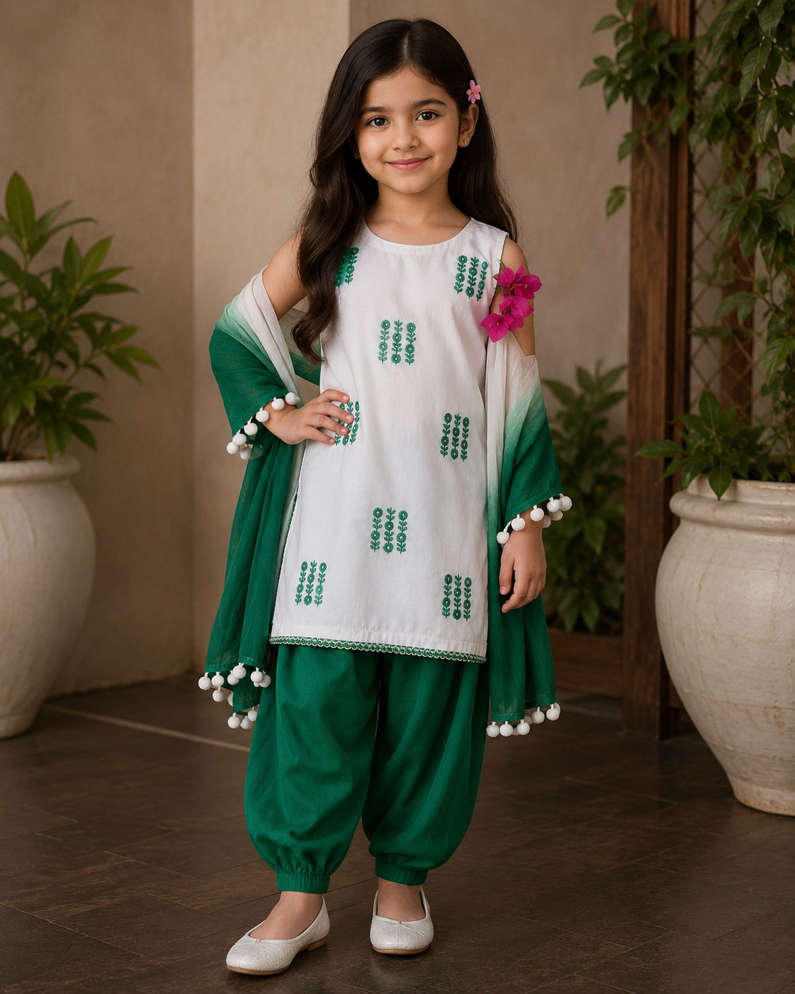 Elegant White & Emerald Green Embroidered Kids 3-Piece Suit