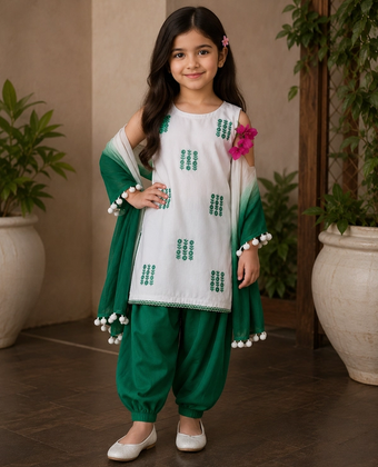 Elegant White & Emerald Green Embroidered Kids 3-Piece Suit