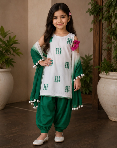 Elegant White & Emerald Green Embroidered Kids 3-Piece Suit