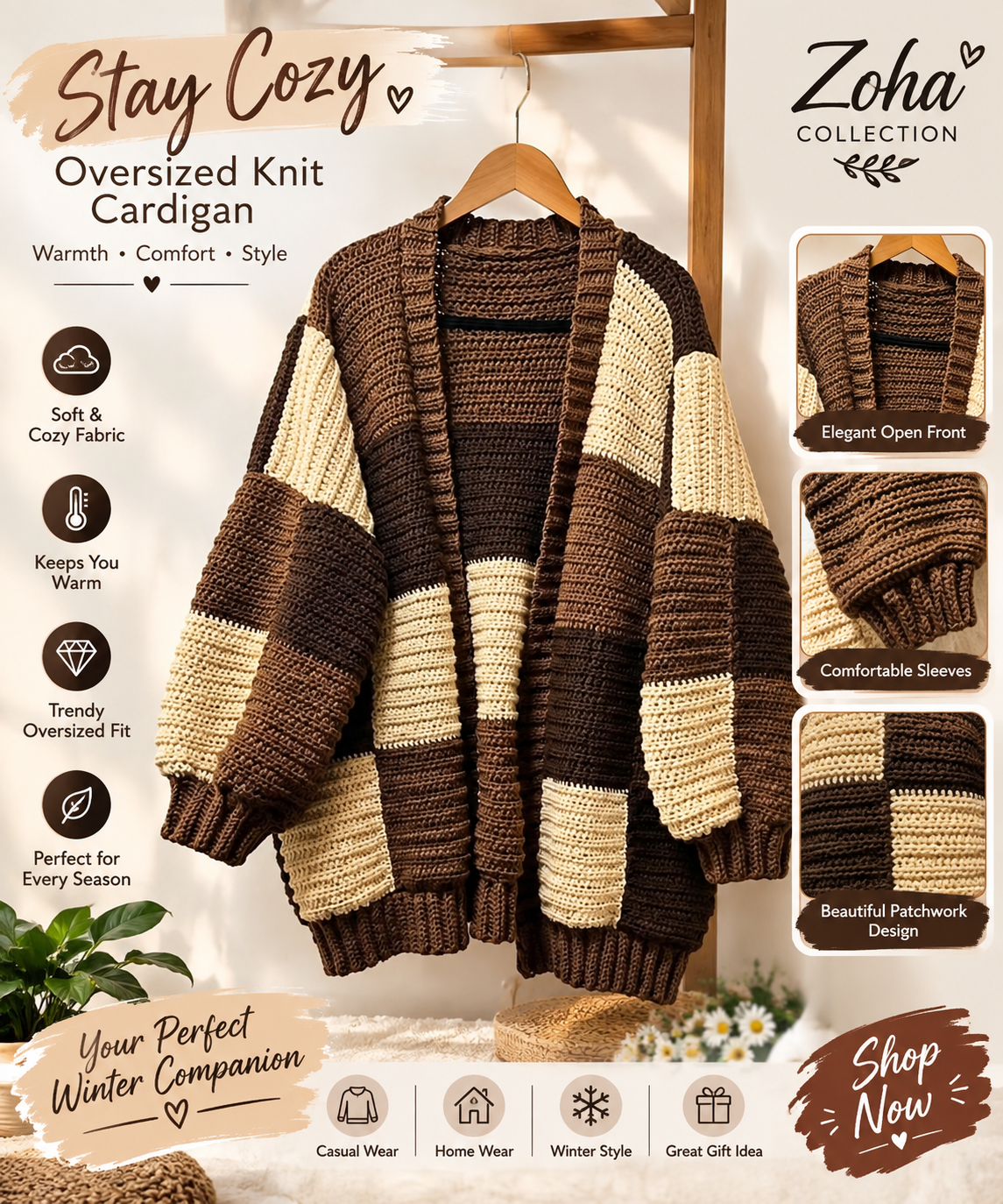Handmade Crochet Patchwork Cardigan for Women – Brown & Cream Oversized Open-Front Crochet Sweater