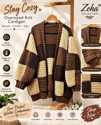 Handmade Crochet Patchwork Cardigan for Women – Brown & Cream Oversized Open-Front Crochet Sweater