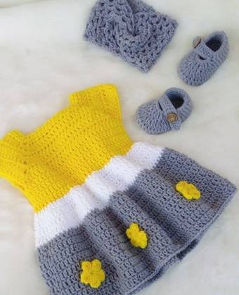 Handmade Crochet Baby Girl Dress Set with , Booties & Headband