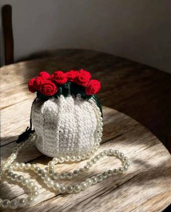 Handmade Crochet Potli Bag with Rose Flower – Women's Crochet Potli Purse, Drawstring Bag for Eid, Weddings & Parties