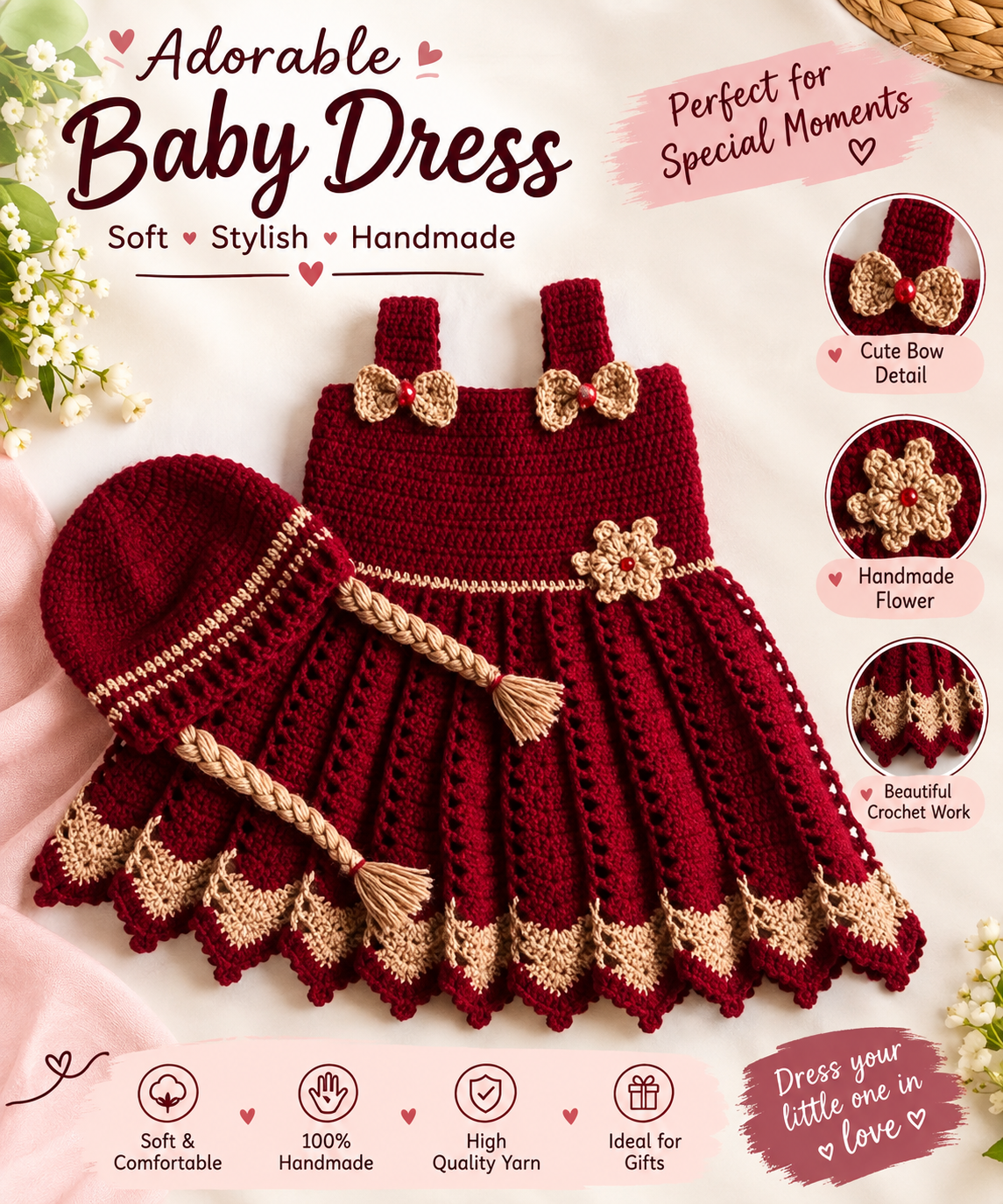 Crochet Baby Dress Set with Matching Bonnet Burgundy & Cream