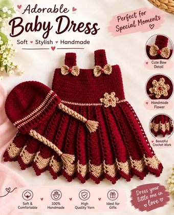 Crochet Baby Dress Set with Matching Bonnet Burgundy & Cream